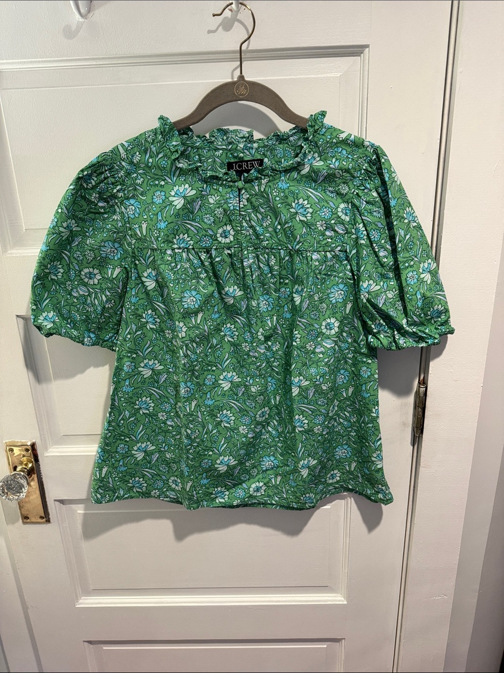 J. Crew Green Floral Ruffle-Yoke Puff Sleeve Top